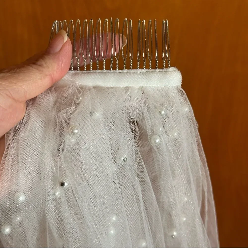 Elegant longer White Tulle Veil with Pearls